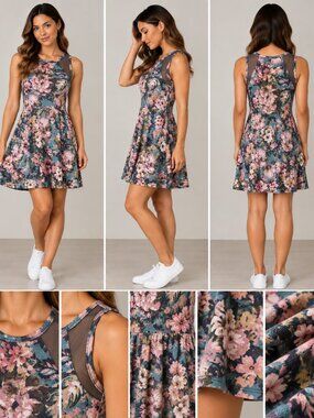 Xhilaration Floral Mesh Fit & Flare Strappy Mini Dress M